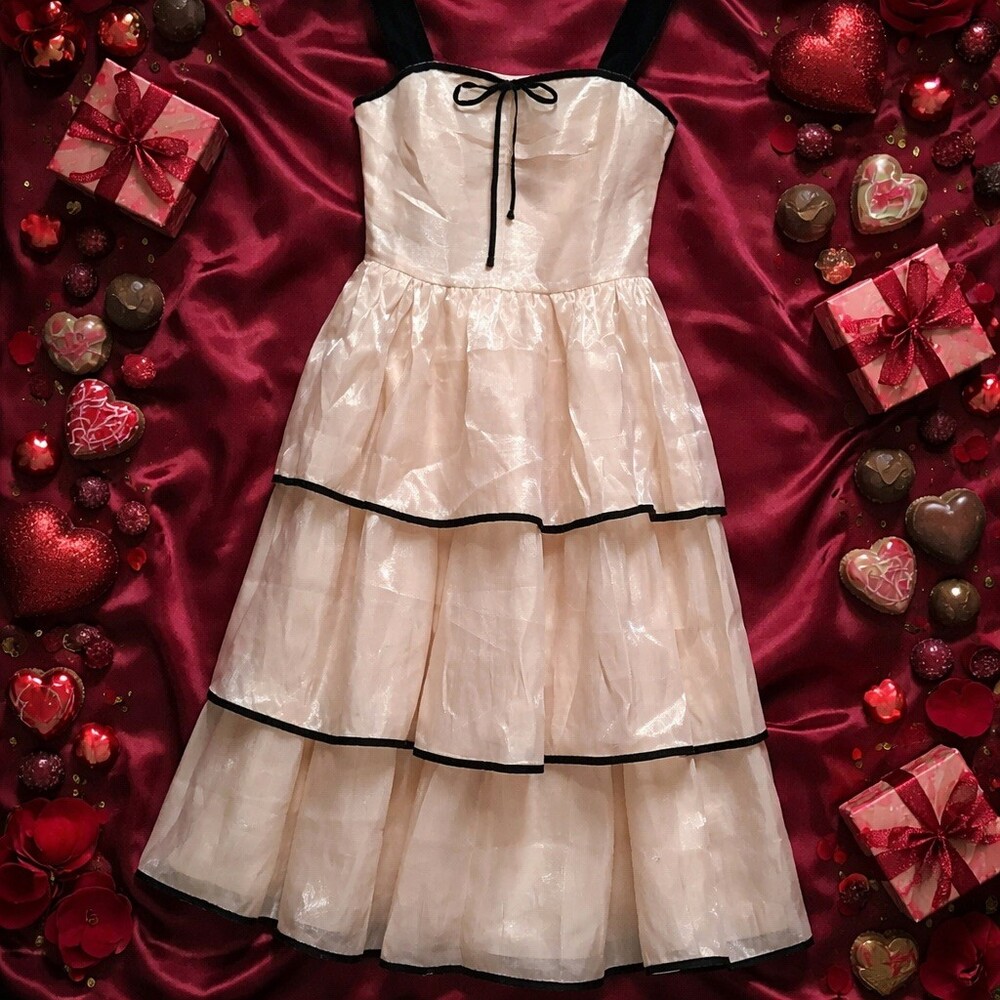 February Dress Womens Size L Champagne Shimmer Tiered Midi Black Straps Bow